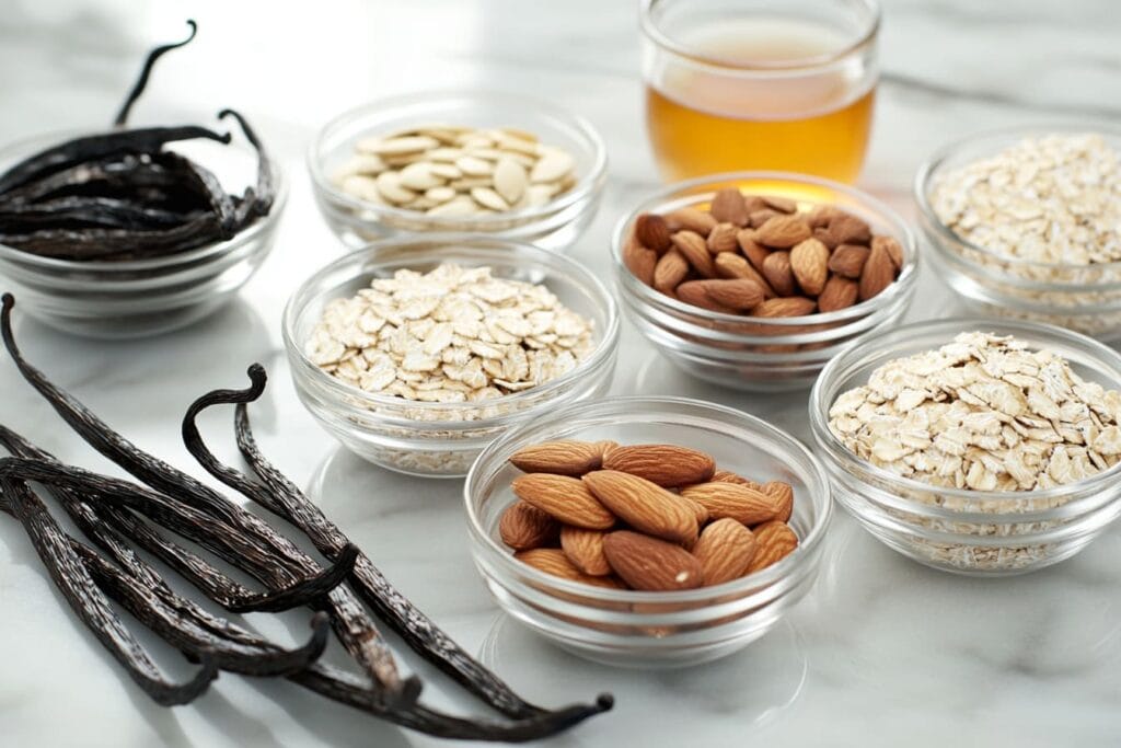 Vanilla granola ingredients arranged on a kitchen countertop.
