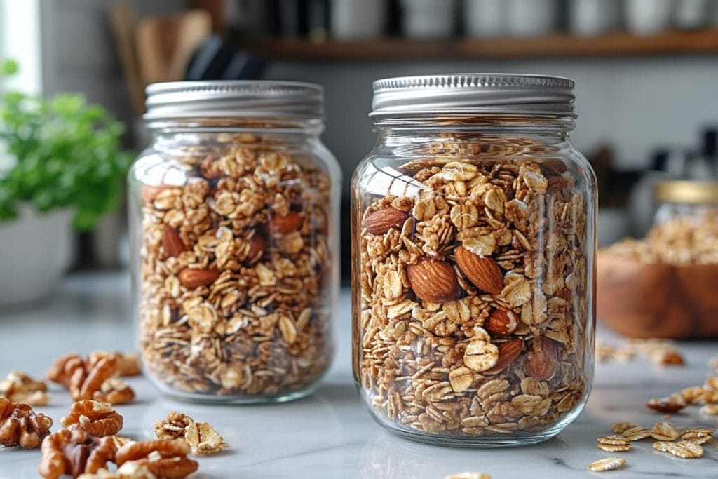 Glass jars filled with sticky granola clusters on a kitchen counter.