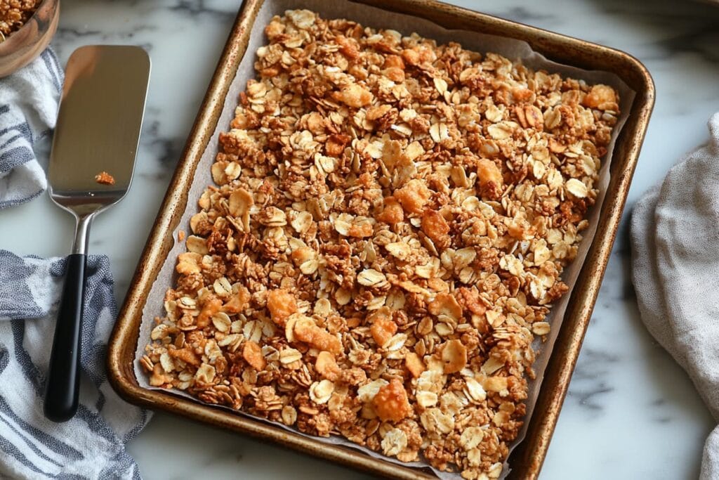 Granola clusters cooling on a baking tray lined with parchment paper.