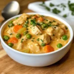 A bowl of creamy crustless chicken pot pie with vegetables, garnished with parsley.