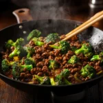 Ground beef and broccoli stir fry in a black wok, with steam rising and chopsticks stirring.
