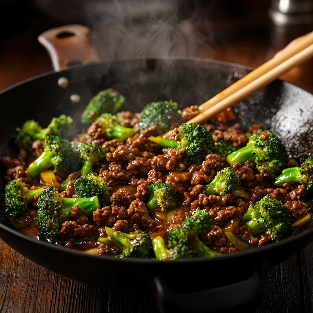 Ground beef and broccoli stir fry in a black wok, with steam rising and chopsticks stirring.