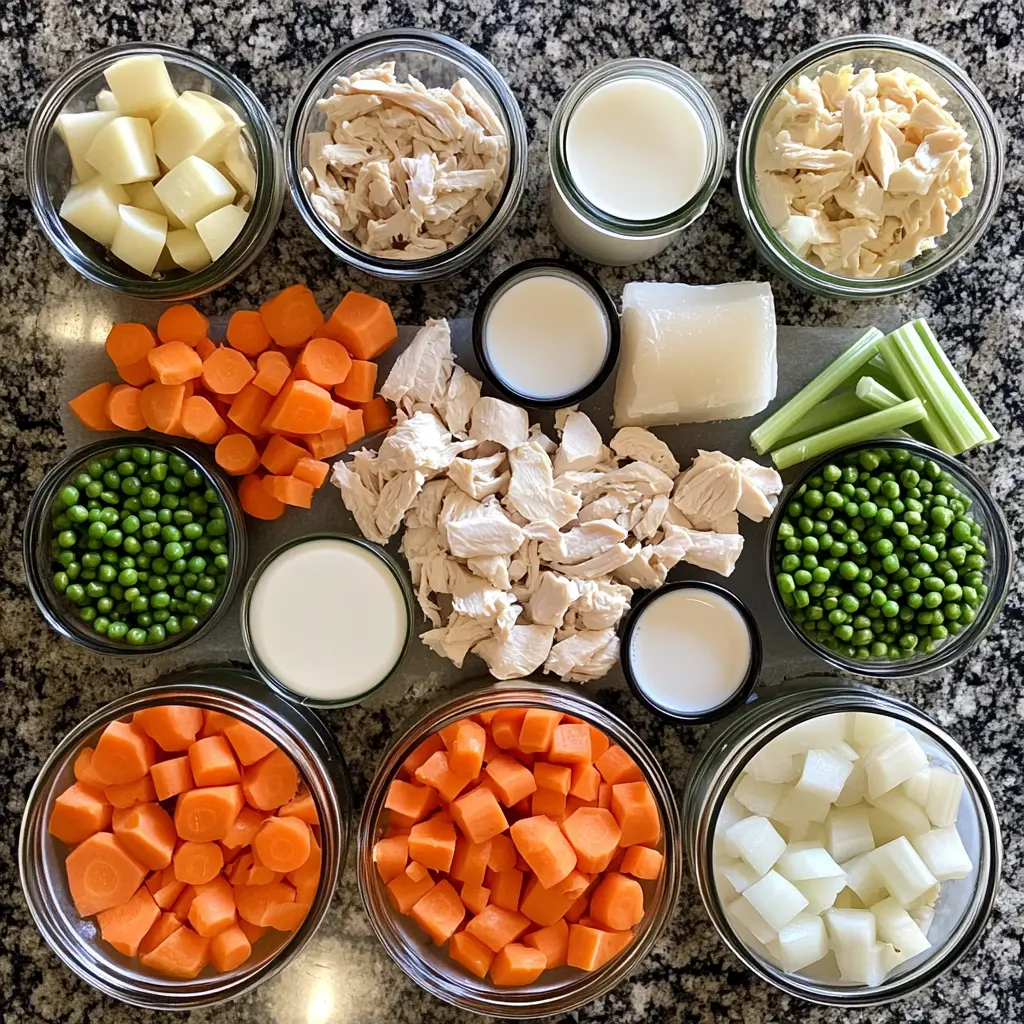 Fresh ingredients for making crustless chicken pot pie, including chicken and vegetables.